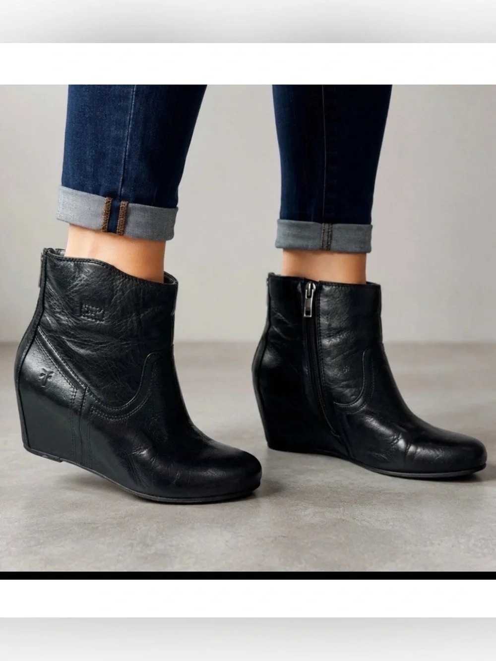 Frye Carson Black Leather Wedge Ankle Boots Zip